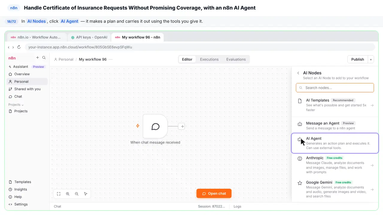 The n8n node list in Stepthrough’s practice copy, step 18 of 72 (Add the AI Agent): the cursor is on “AI Agent”, highlighted.