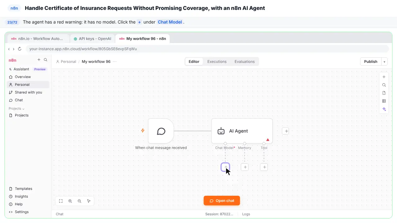 The n8n workflow canvas in Stepthrough’s practice copy, step 23 of 72 (Give the agent a brain): the cursor is on “+”, highlighted.