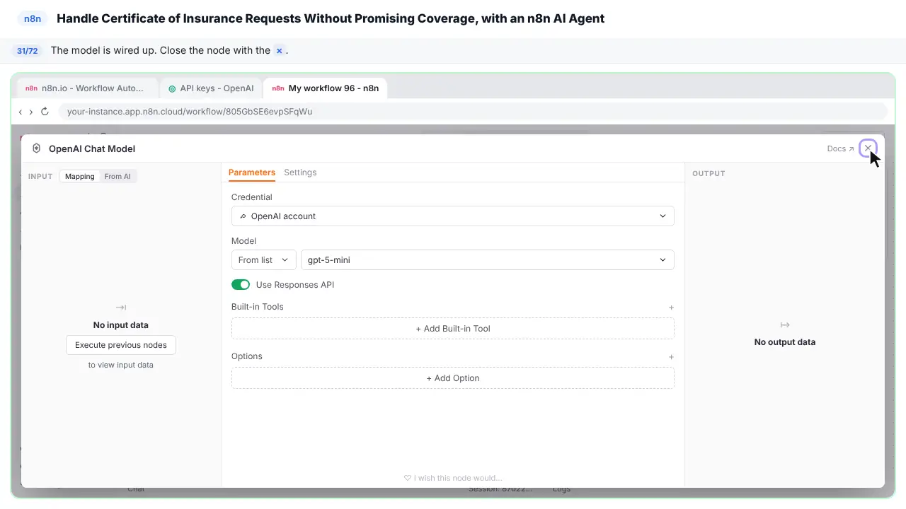 An n8n node’s settings window in Stepthrough’s practice copy, step 31 of 72 (Back to the canvas): the cursor is on “×”, highlighted.