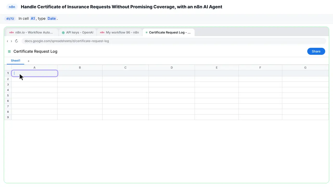 Google Sheets in Stepthrough’s practice copy, step 41 of 72 (Type the first column header): the cursor is on “A1”, highlighted.