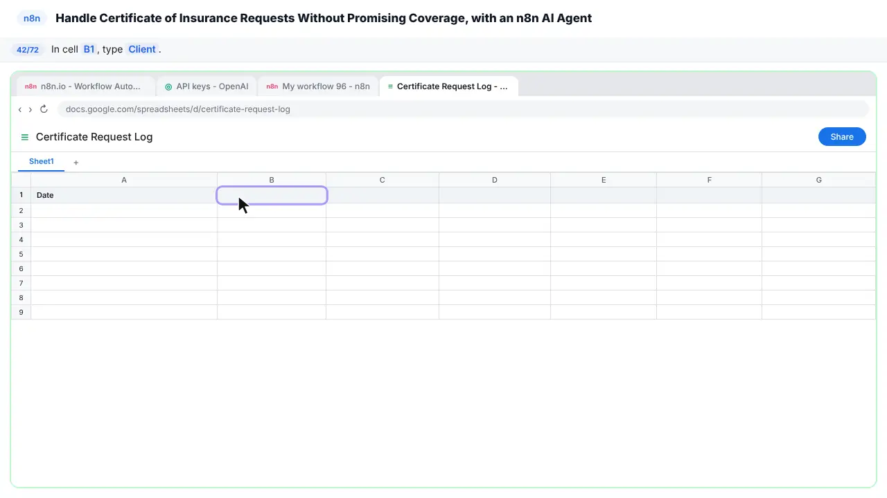 Google Sheets in Stepthrough’s practice copy, step 42 of 72 (Client): the cursor is on “B1”, highlighted.