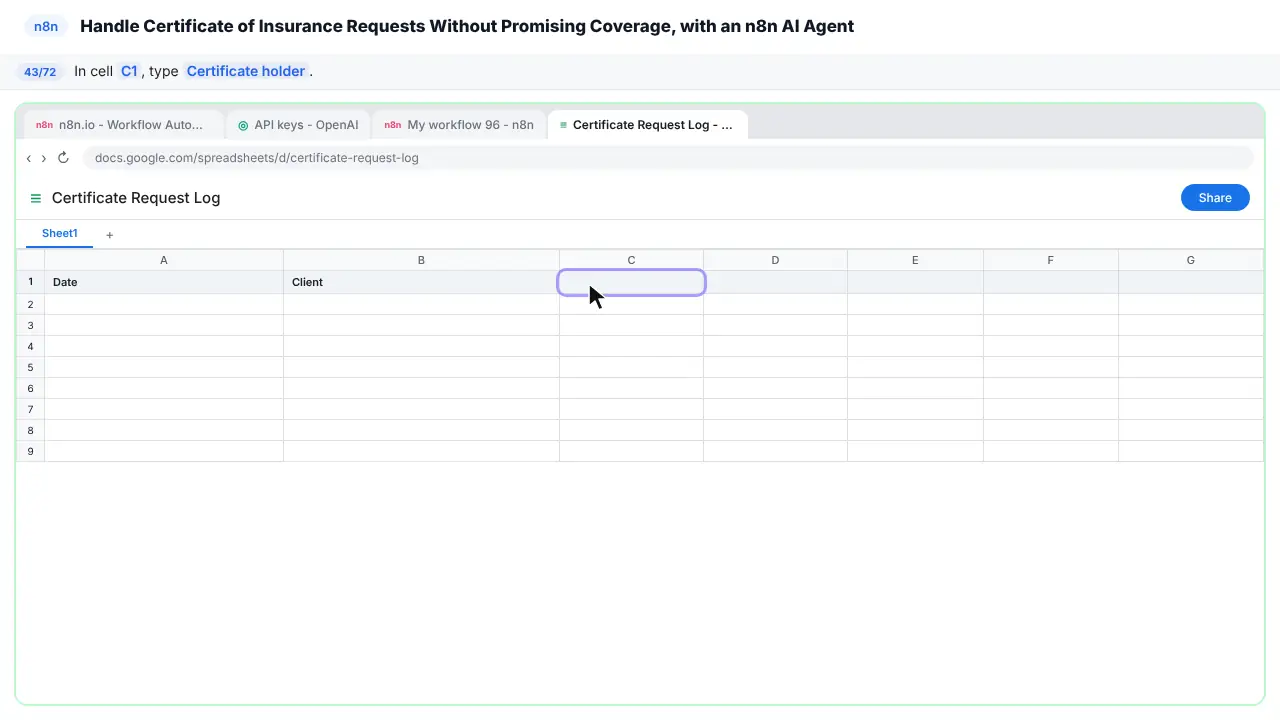 Google Sheets in Stepthrough’s practice copy, step 43 of 72 (Certificate holder): the cursor is on “C1”, highlighted.