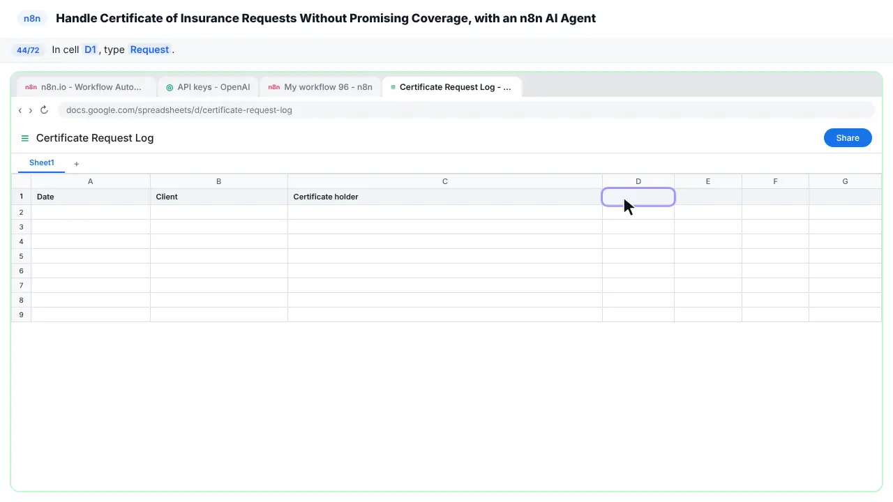 Google Sheets in Stepthrough’s practice copy, step 44 of 72 (Request): the cursor is on “D1”, highlighted.