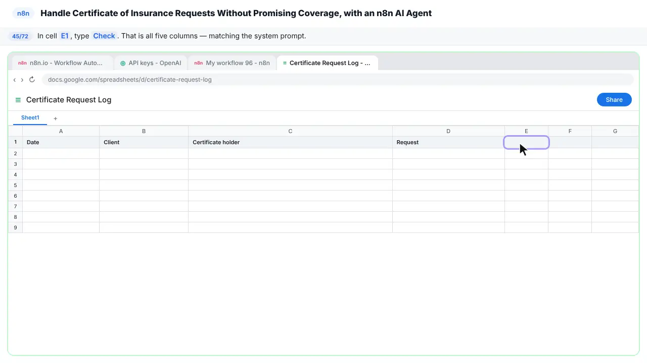 Google Sheets in Stepthrough’s practice copy, step 45 of 72 (Check): the cursor is on “E1”, highlighted.
