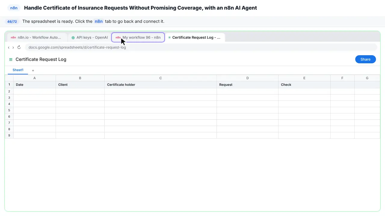 Google Sheets in Stepthrough’s practice copy, step 46 of 72 (Back to n8n): the cursor is on “n8n”, highlighted.