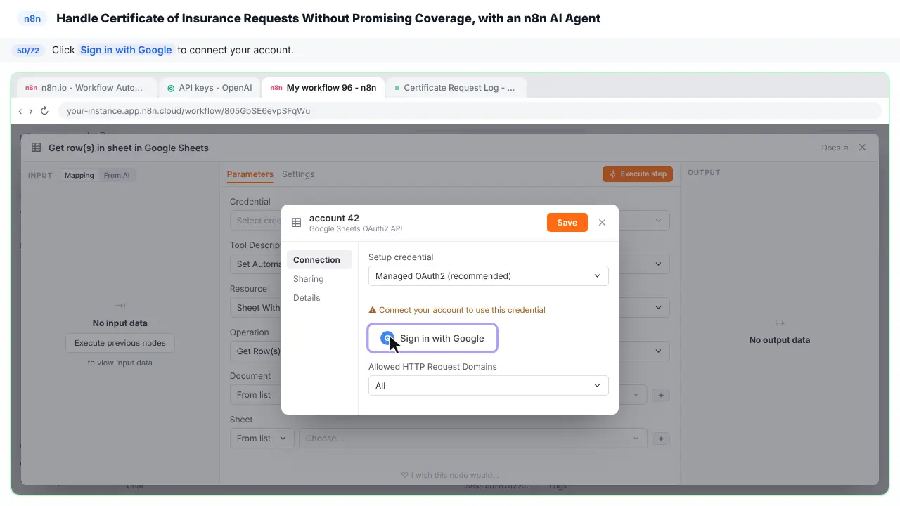 An n8n node’s settings window in Stepthrough’s practice copy, step 50 of 72 (Sign in with Google): the cursor is on “Sign in with Google”, highlighted.