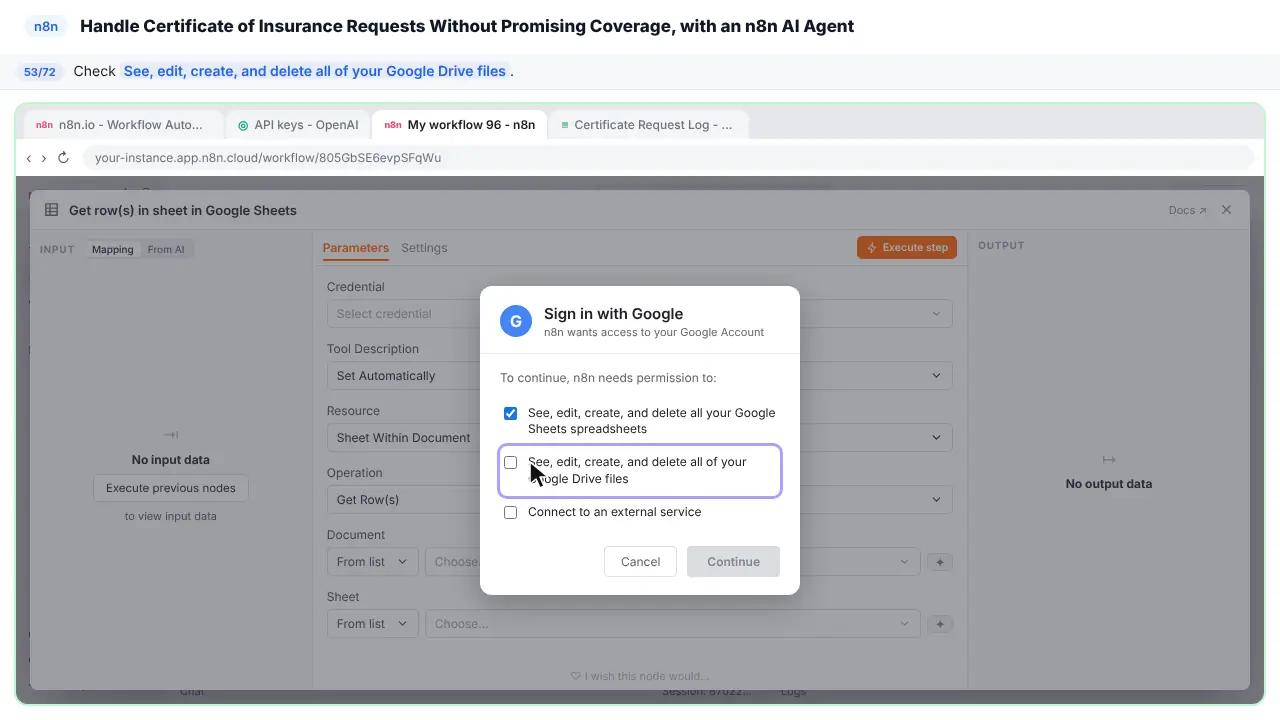 An n8n node’s settings window in Stepthrough’s practice copy, step 53 of 72 (Allow Drive access): the cursor is on “See, edit, create, and delete all of your Google Drive files”, highlighted.