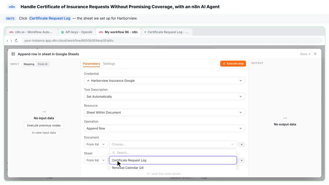 A dropdown menu in n8n in Stepthrough’s practice copy, step 59 of 72 (Certificate Request Log): the cursor is on “Certificate Request Log”, highlighted.