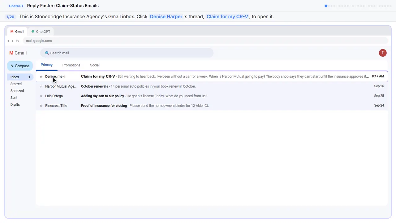 Gmail in Stepthrough’s practice copy, step 1 of 20 (Open the thread): the cursor is on “Denise Harper”, highlighted.