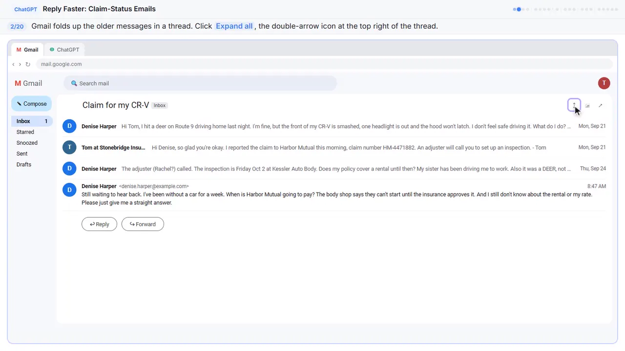 Gmail in Stepthrough’s practice copy, step 2 of 20 (Expand all messages): the cursor is on “Expand all”, highlighted.