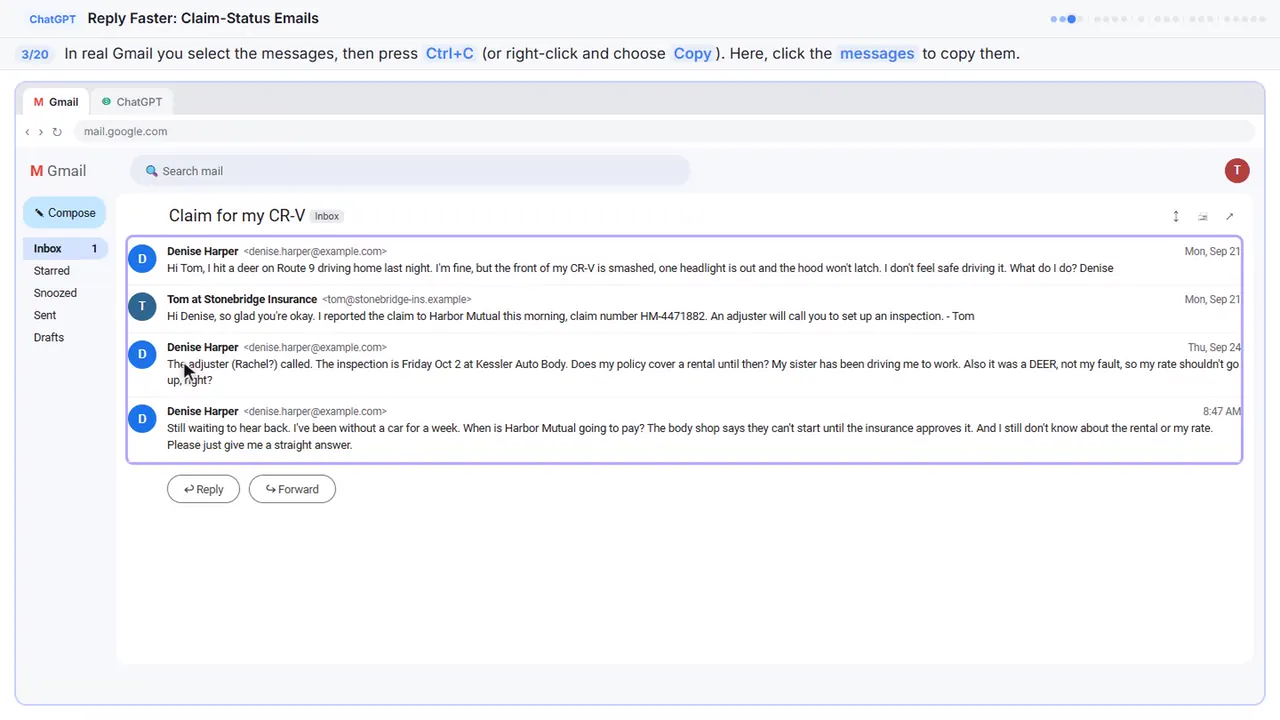 Gmail in Stepthrough’s practice copy, step 3 of 20 (Copy the thread): the cursor is on “Ctrl+C”, highlighted.