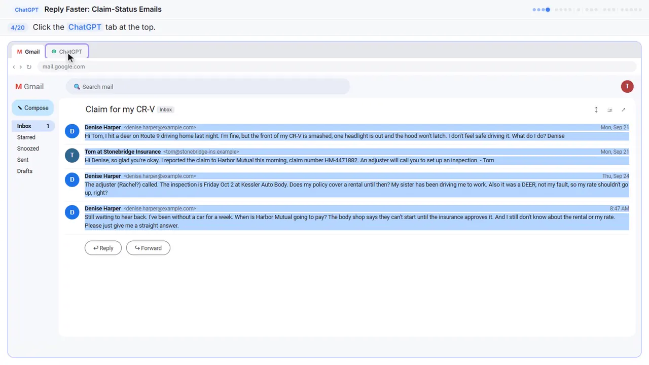 Gmail in Stepthrough’s practice copy, step 4 of 20 (Switch to ChatGPT): the cursor is on “ChatGPT”, highlighted.