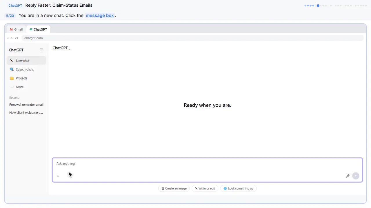 ChatGPT in Stepthrough’s practice copy, step 5 of 20 (Click the message box): the cursor is on “message box”, highlighted.
