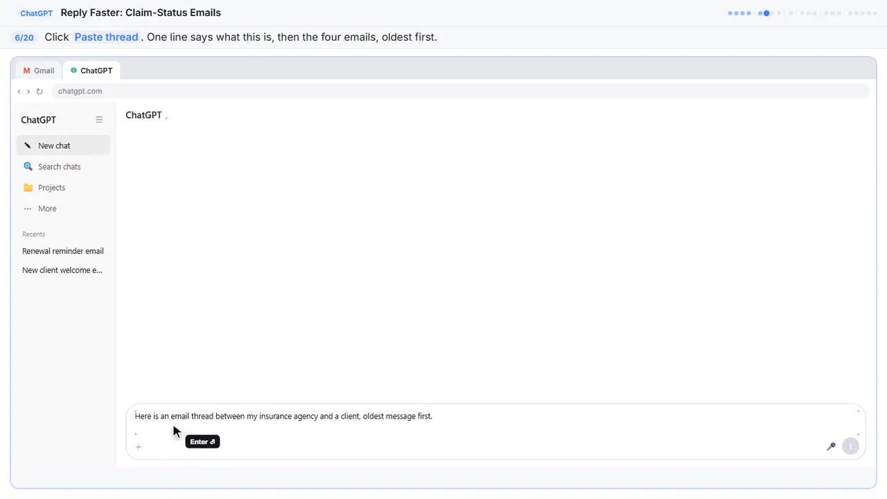 ChatGPT in Stepthrough’s practice copy, step 6 of 20 (Paste the thread): the thread is filled in (“Here is an email thread between my insurance…”).