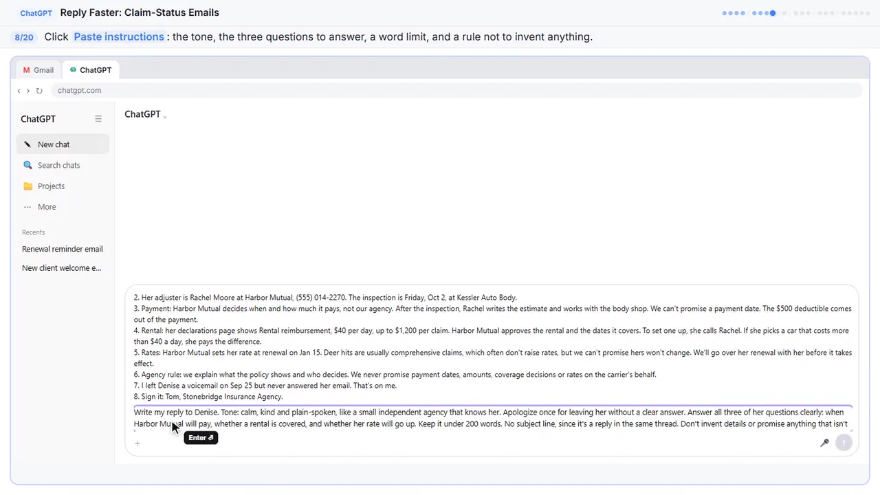 ChatGPT in Stepthrough’s practice copy, step 8 of 20 (Say what a good reply looks like): the instructions is filled in (“Write my reply to Denise. Tone: calm, kind and…”).