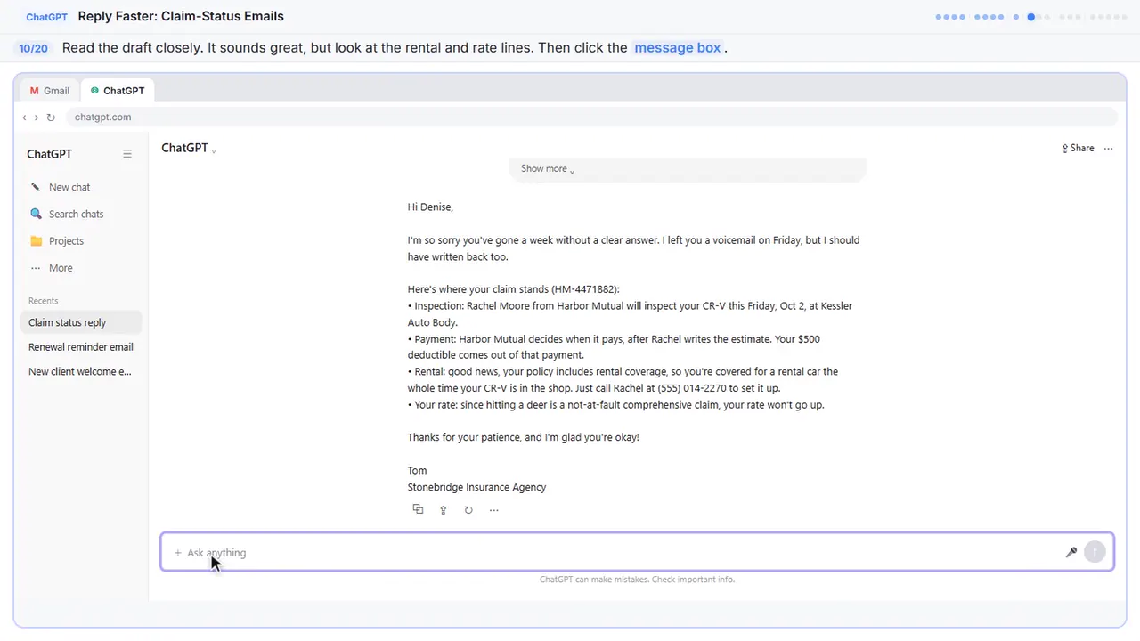 ChatGPT in Stepthrough’s practice copy, step 10 of 20 (Read the draft, then click the message box): the cursor is on “message box”, highlighted.
