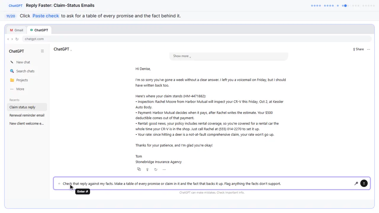 ChatGPT in Stepthrough’s practice copy, step 11 of 20 (Ask ChatGPT to check its promises): the check is filled in (“Check that reply against my facts. Make a…”).