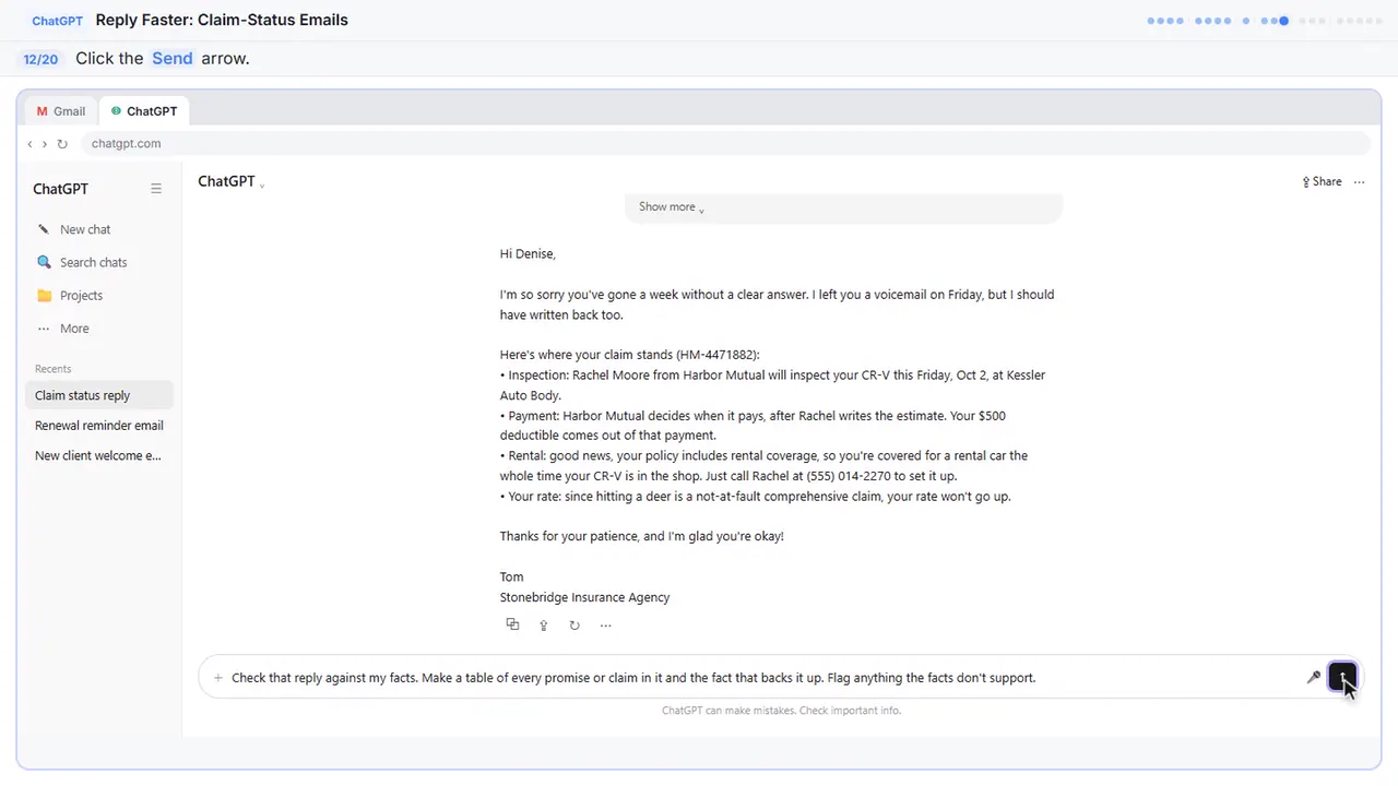 ChatGPT in Stepthrough’s practice copy, step 12 of 20 (Send the check): the cursor is on “Send”, highlighted.