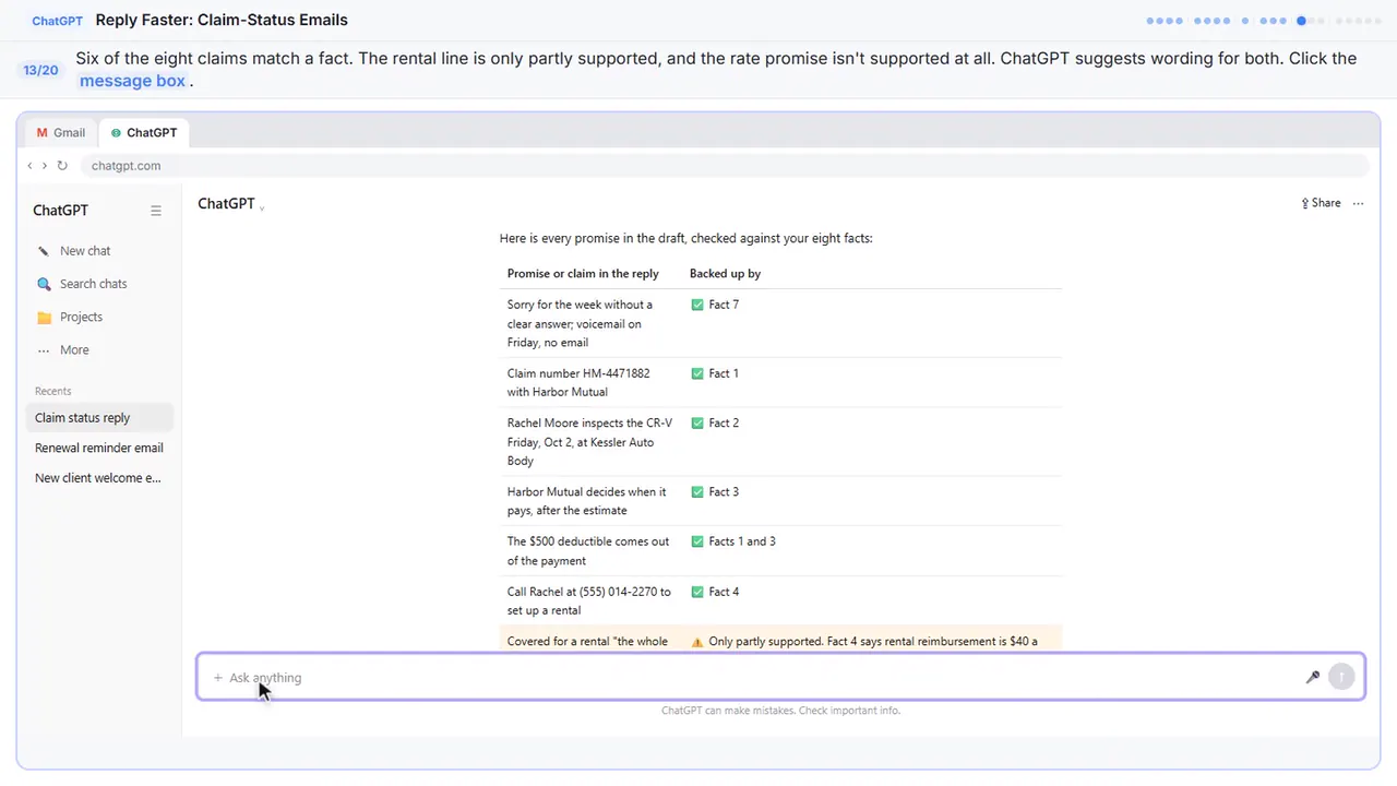 ChatGPT in Stepthrough’s practice copy, step 13 of 20 (Read the table, then click the message box): the cursor is on “message box”, highlighted.