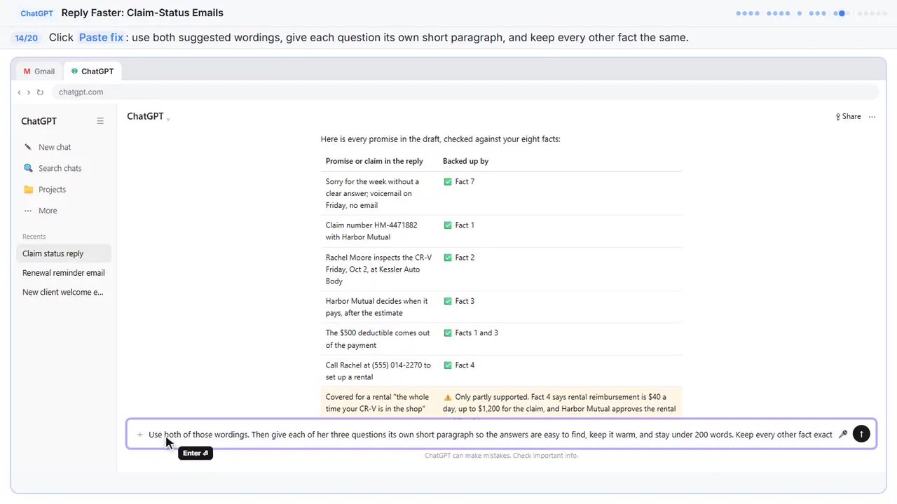 ChatGPT in Stepthrough’s practice copy, step 14 of 20 (Ask for specific changes): the fix is filled in (“Use both of those wordings. Then give each of…”).