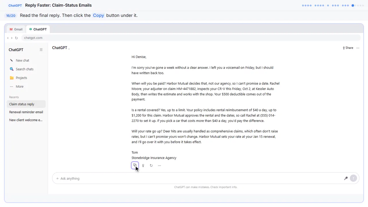 ChatGPT in Stepthrough’s practice copy, step 16 of 20 (Copy the reply): the cursor is on “Copy”, highlighted.