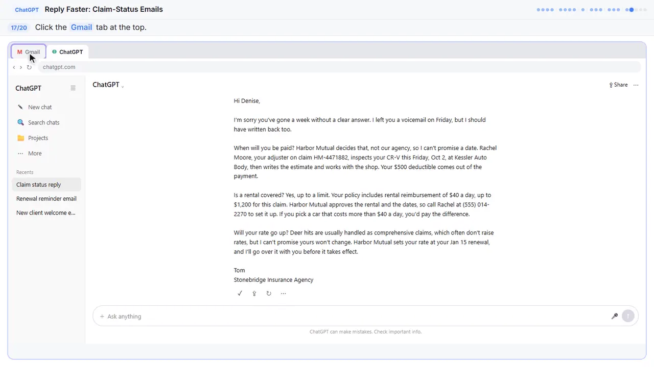 ChatGPT in Stepthrough’s practice copy, step 17 of 20 (Go back to Gmail): the cursor is on “Gmail”, highlighted.