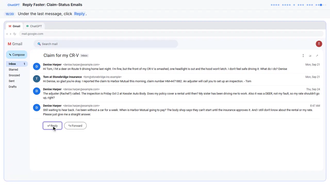 Gmail in Stepthrough’s practice copy, step 18 of 20 (Click Reply): the cursor is on “Reply”, highlighted.