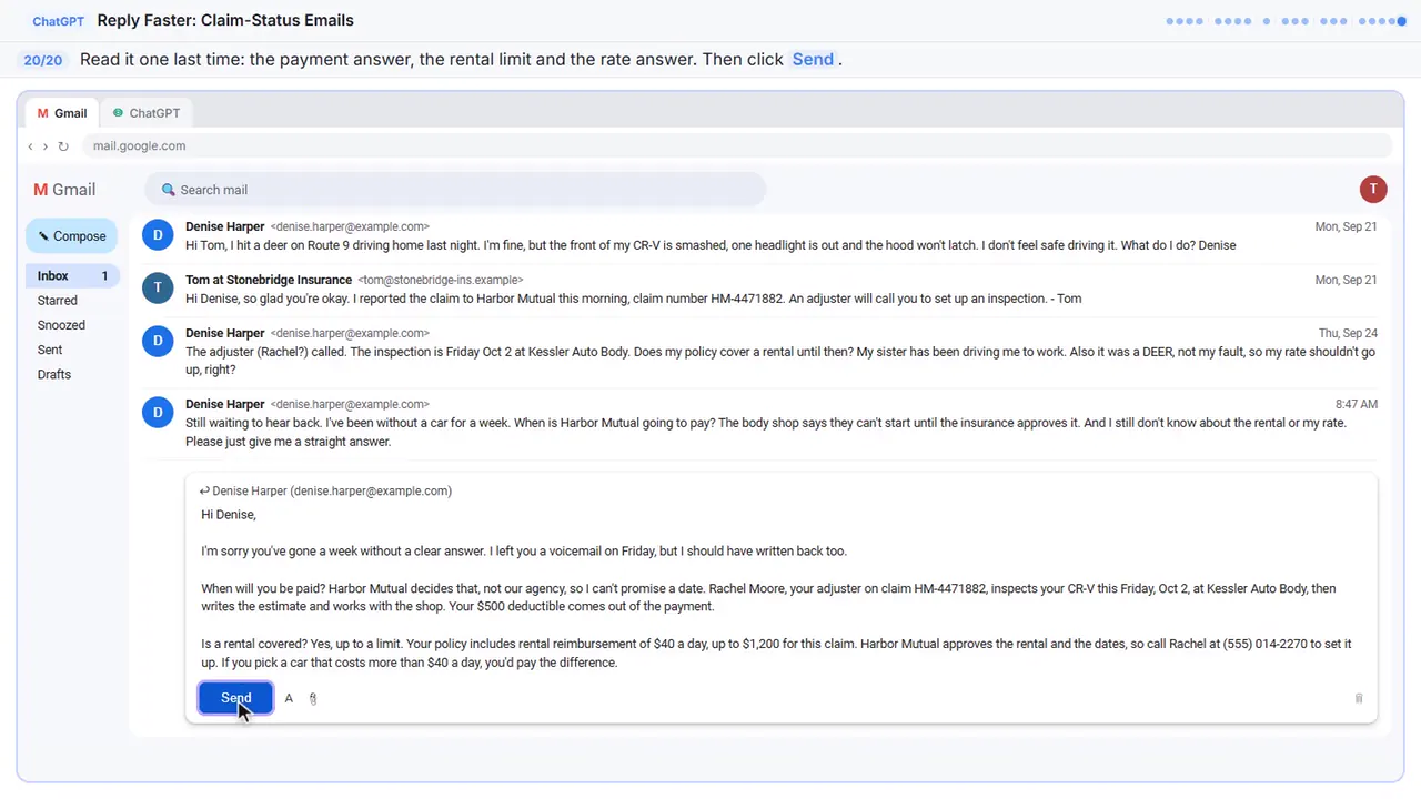 Gmail in Stepthrough’s practice copy, step 20 of 20 (Read it, then send): the cursor is on “Send”, highlighted.