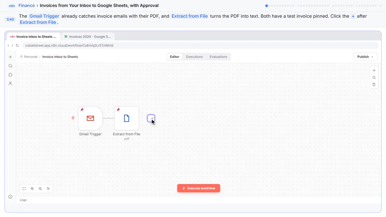 The n8n workflow canvas in Stepthrough’s practice copy, step 1 of 40 (Add the next step): the cursor is on “Gmail Trigger”, highlighted.