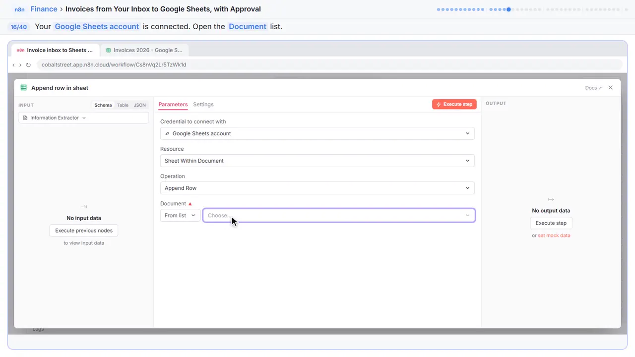 An n8n node’s settings window in Stepthrough’s practice copy, step 16 of 40 (Pick the spreadsheet): the cursor is on “Google Sheets account”, highlighted.