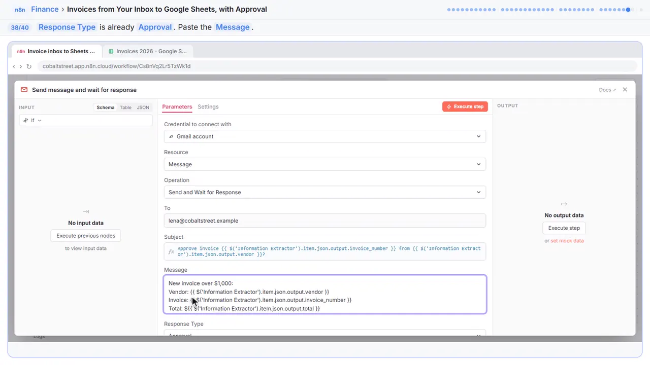 An n8n node’s settings window in Stepthrough’s practice copy, step 38 of 40 (Message): the message is filled in (“New invoice over $1,000: Vendor: {{…”).