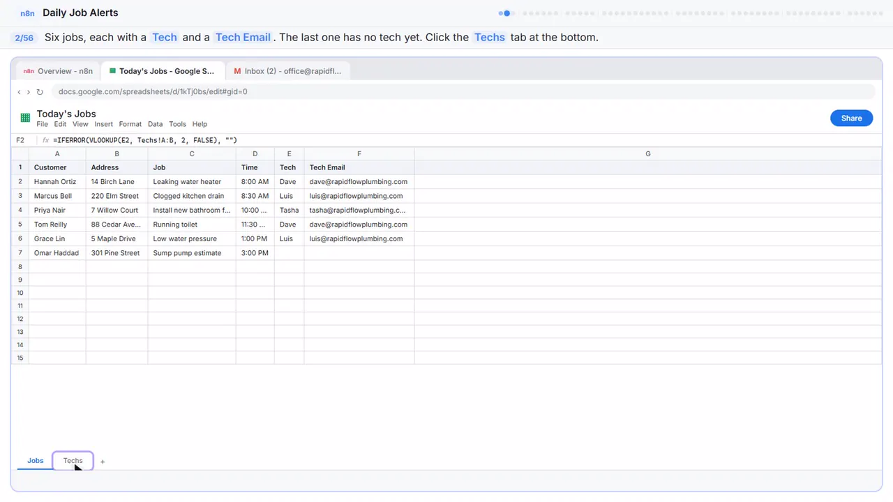 Google Sheets in Stepthrough’s practice copy, step 2 of 56 (Meet the techs): the cursor is on “Tech”, highlighted.