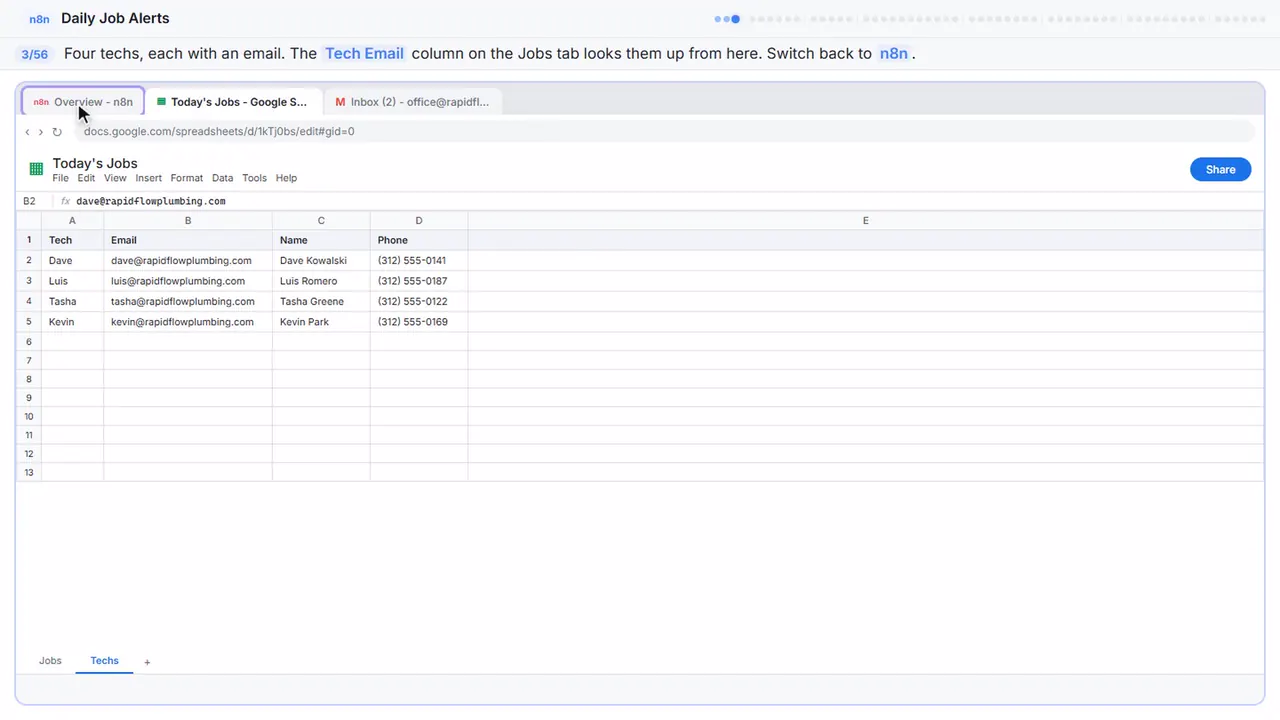 Google Sheets in Stepthrough’s practice copy, step 3 of 56 (Back to n8n): the cursor is on “Tech Email”, highlighted.