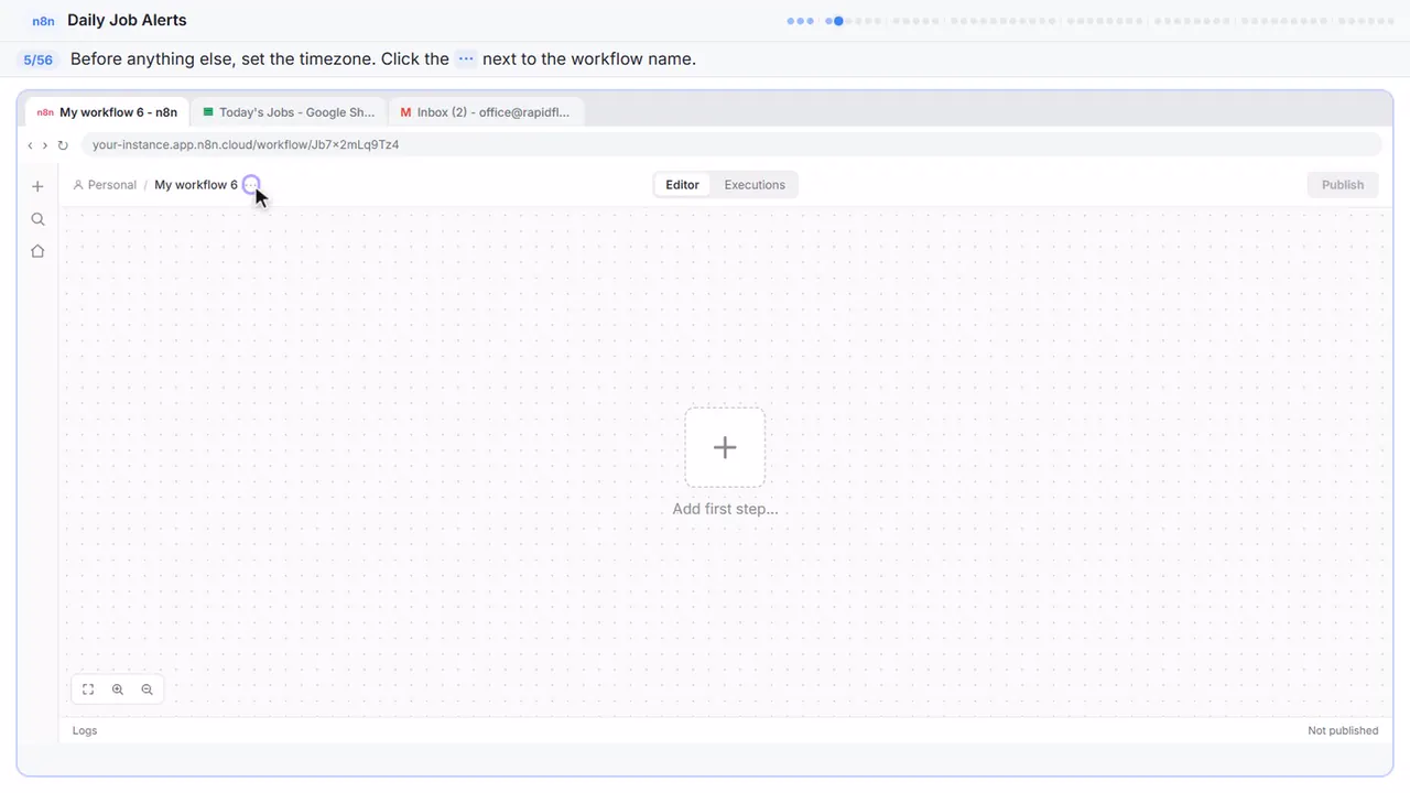 The n8n workflow editor in Stepthrough’s practice copy, step 5 of 56 (Open the workflow menu): the cursor is on “···”, highlighted.
