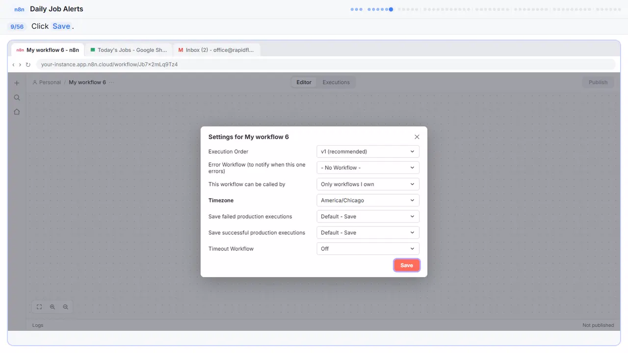 The n8n workflow settings in Stepthrough’s practice copy, step 9 of 56 (Save settings): the cursor is on “Save”, highlighted.