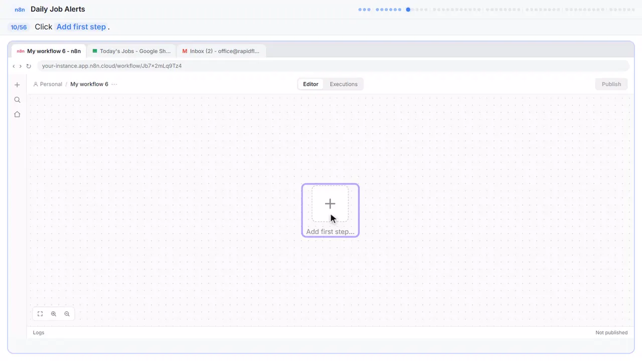 The n8n workflow canvas in Stepthrough’s practice copy, step 10 of 56 (Add the trigger): the cursor is on “Add first step”, highlighted.