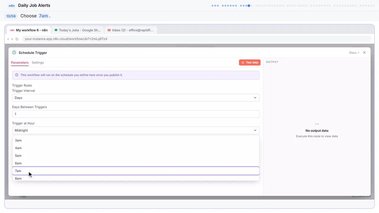 A dropdown menu in n8n in Stepthrough’s practice copy, step 13 of 56 (7am): the cursor is on “7am”, highlighted.