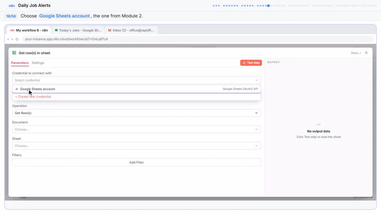 A dropdown menu in n8n in Stepthrough’s practice copy, step 19 of 56 (Reuse your Google login): the cursor is on “Google Sheets account”, highlighted.