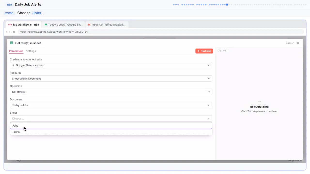 A dropdown menu in n8n in Stepthrough’s practice copy, step 23 of 56 (Jobs): the cursor is on “Jobs”, highlighted.