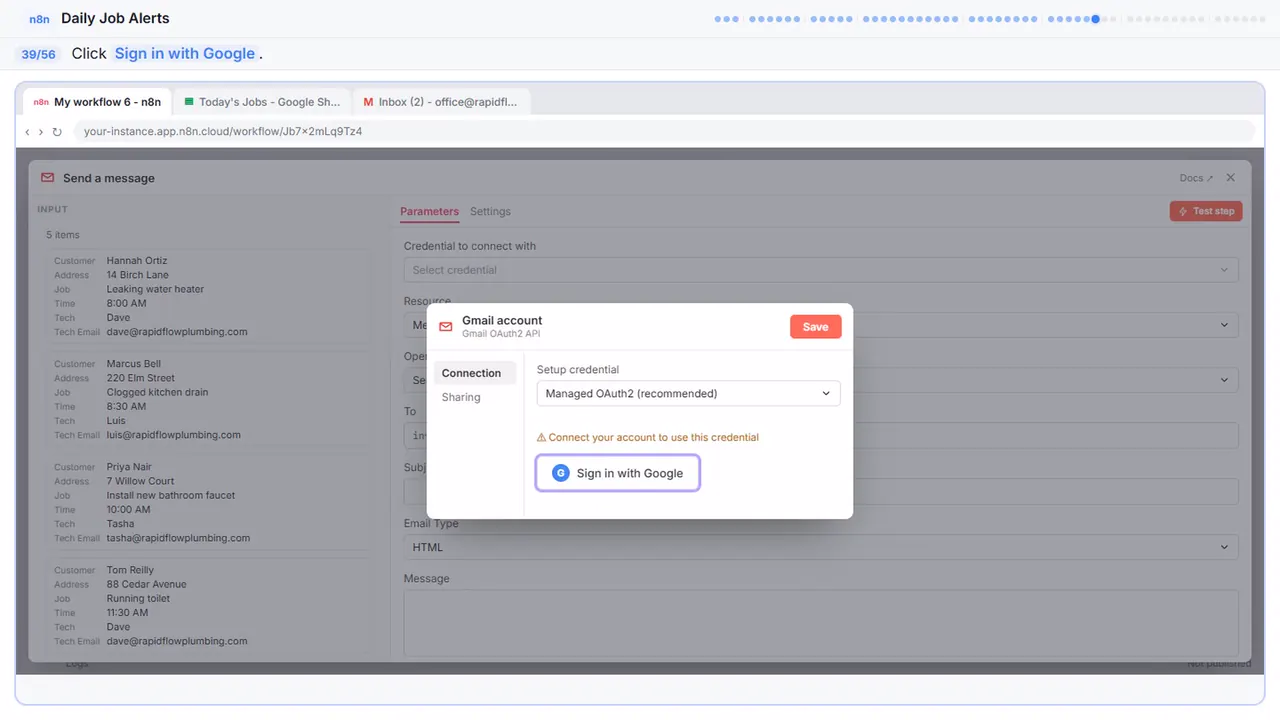The Google sign-in window in Stepthrough’s practice copy, step 39 of 56 (Sign in with Google): the cursor is on “Sign in with Google”, highlighted.