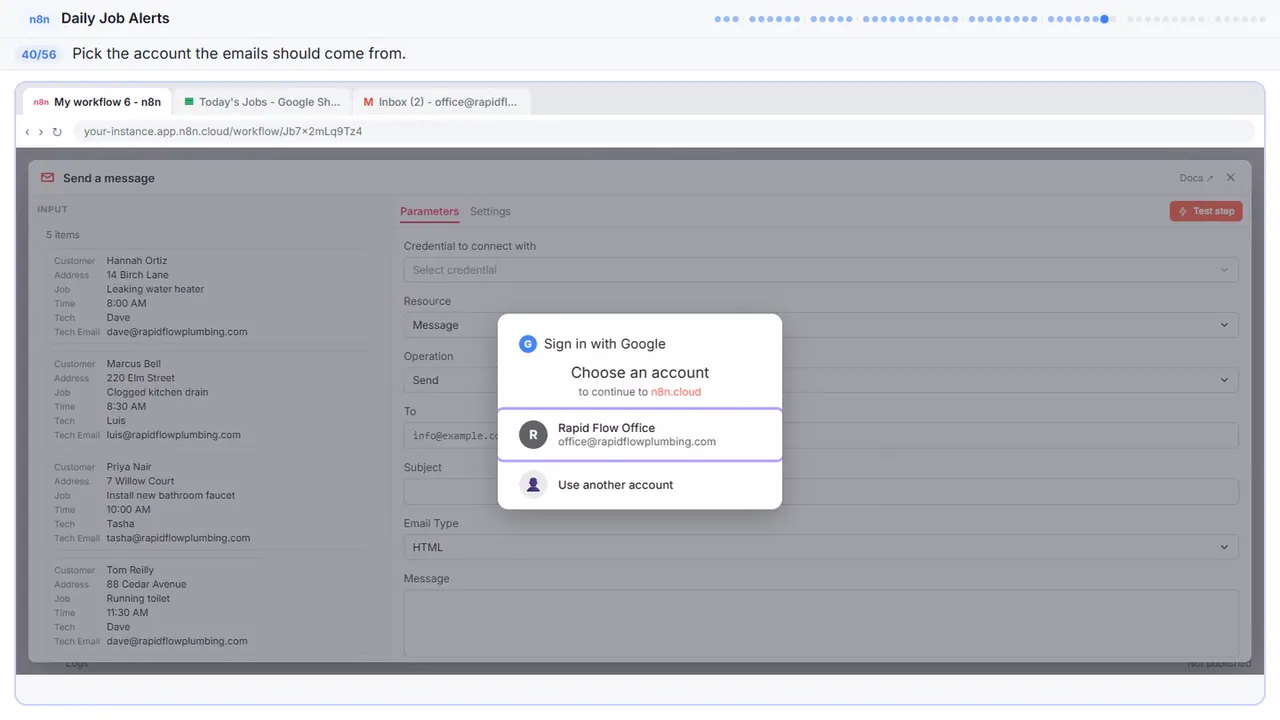 The Google sign-in window in Stepthrough’s practice copy, step 40 of 56 (Pick the office account): the cursor is on “the office account”, highlighted.