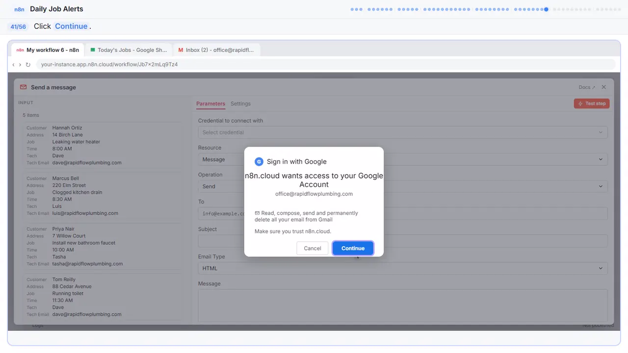 The Google sign-in window in Stepthrough’s practice copy, step 41 of 56 (Allow access): the cursor is on “Continue”, highlighted.
