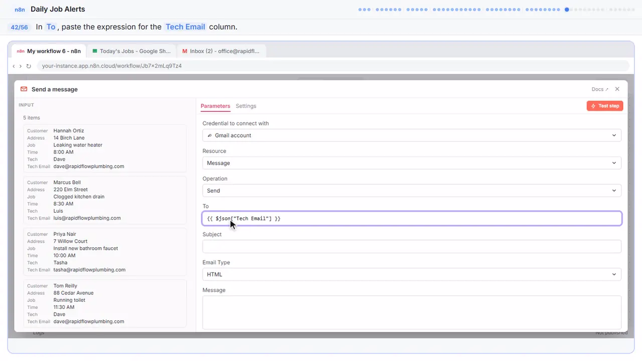 An n8n node’s settings window in Stepthrough’s practice copy, step 42 of 56 (Send it to the assigned tech): the expression is filled in (“{{ $json["Tech Email"] }}”).