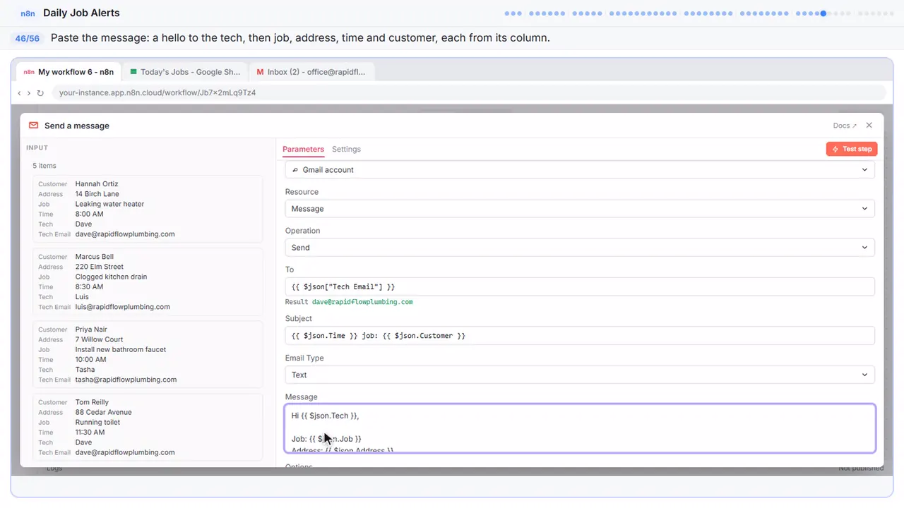 An n8n node’s settings window in Stepthrough’s practice copy, step 46 of 56 (The message): the message is filled in (“Hi {{ $json.Tech }}, Job: {{ $json.Job }}…”).
