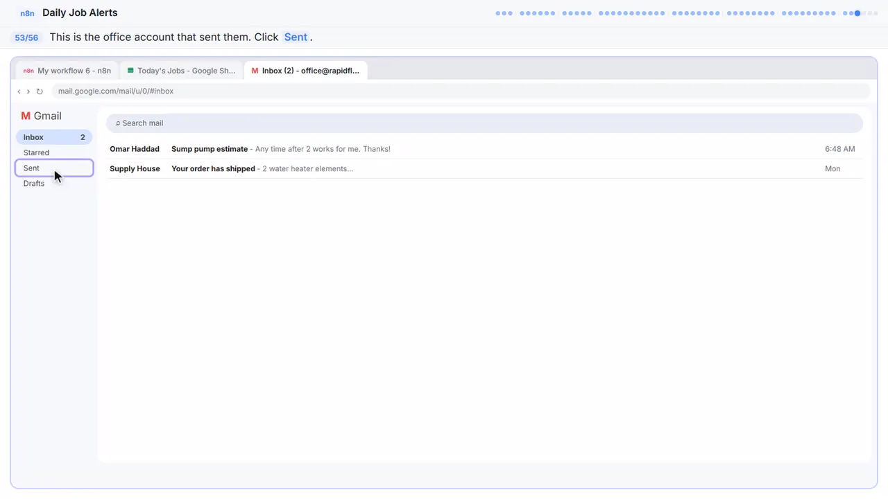 Gmail in Stepthrough’s practice copy, step 53 of 56 (Sent mail): the cursor is on “Sent”, highlighted.
