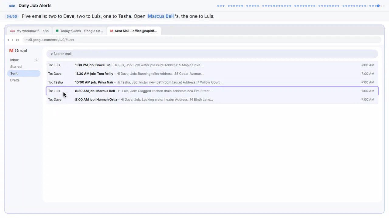 Gmail in Stepthrough’s practice copy, step 54 of 56 (Open one): the cursor is on “Marcus Bell”, highlighted.