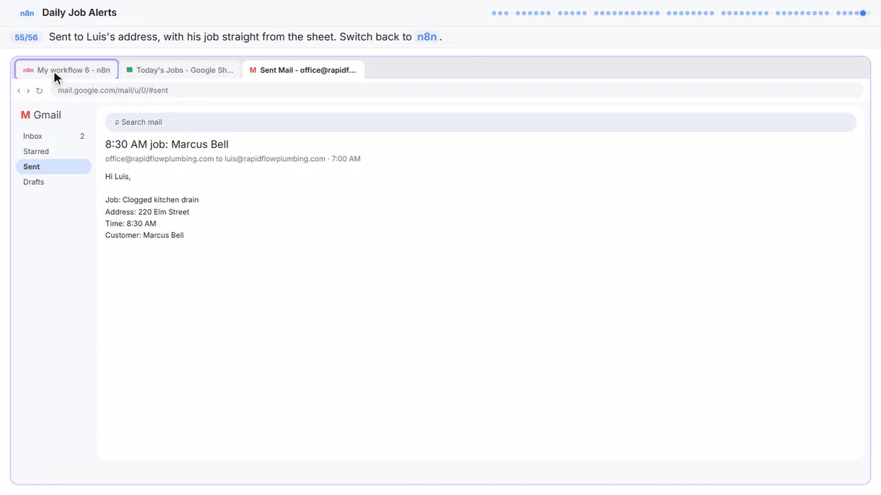 Gmail in Stepthrough’s practice copy, step 55 of 56 (Back to n8n): the cursor is on “n8n”, highlighted.