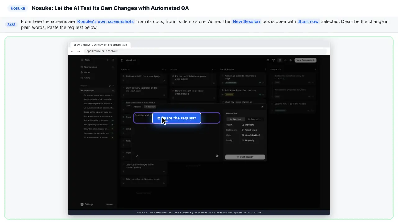 Kosuke in Stepthrough’s practice copy, step 8 of 23 (Describe the change): the request is ready to paste, highlighted.