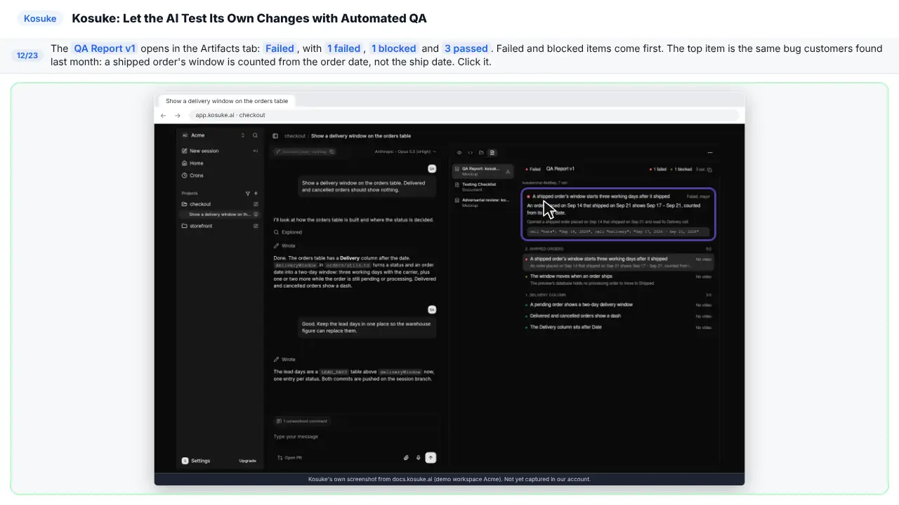 Kosuke in Stepthrough’s practice copy, step 12 of 23 (Read the failed item): the cursor is on “QA Report v1”, highlighted.
