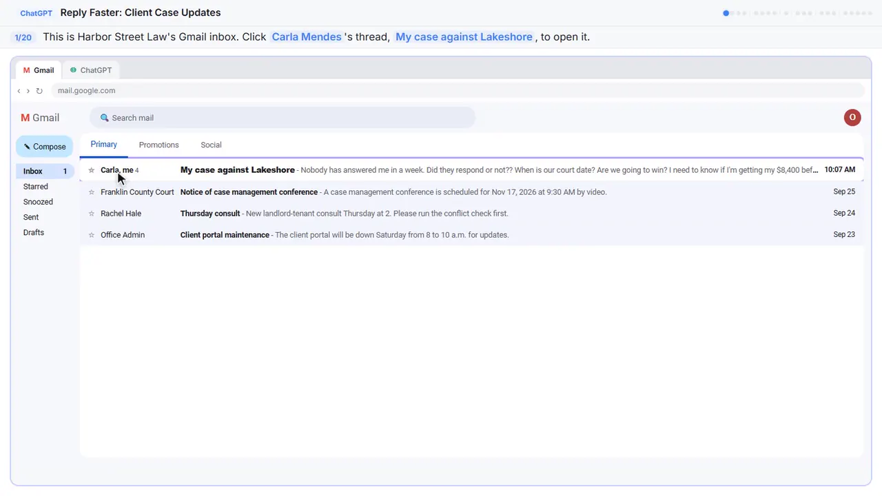 Gmail in Stepthrough’s practice copy, step 1 of 20 (Open the thread): the cursor is on “Carla Mendes”, highlighted.